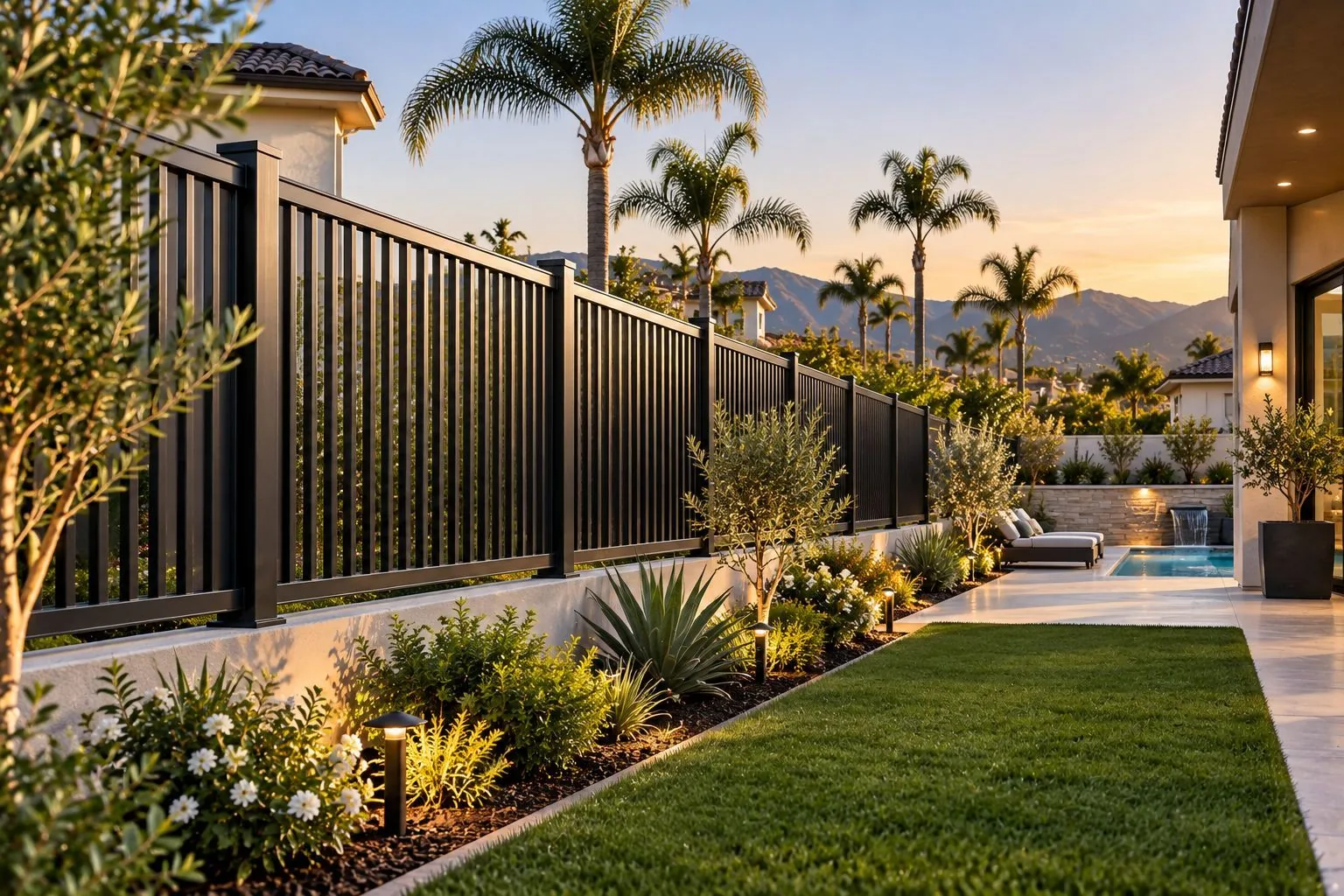 Tall black privacy fence along a backyard lawn and pool at sunset