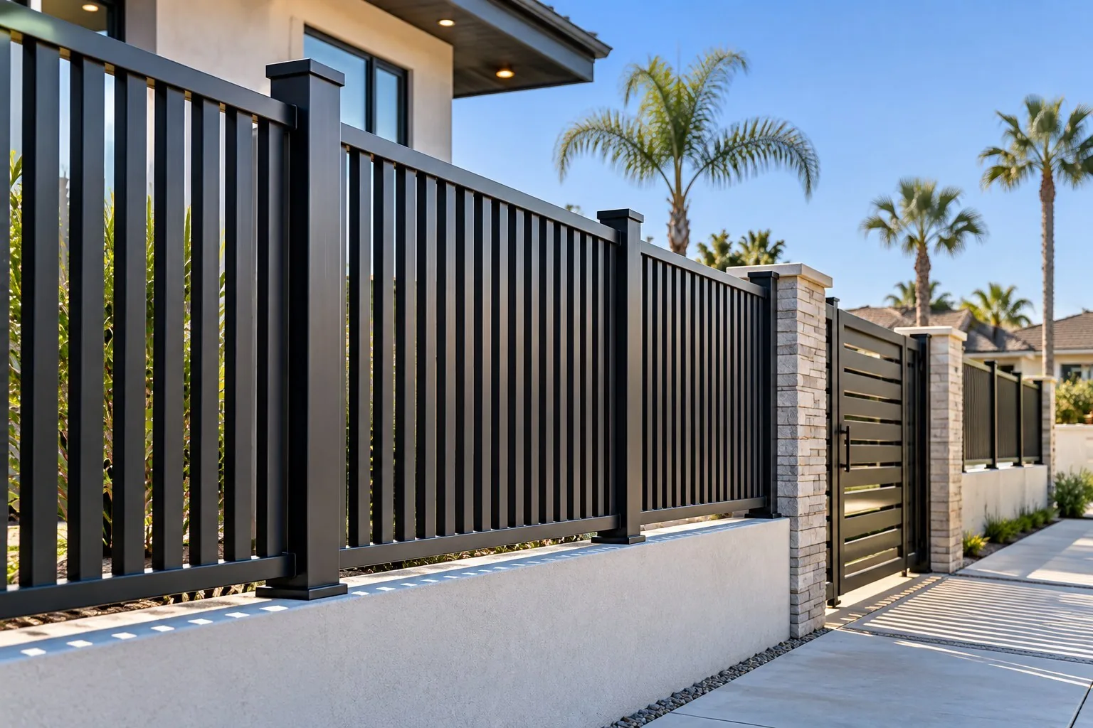Black horizontal slat fence on a stucco base wall with stone pillars and a matching gate