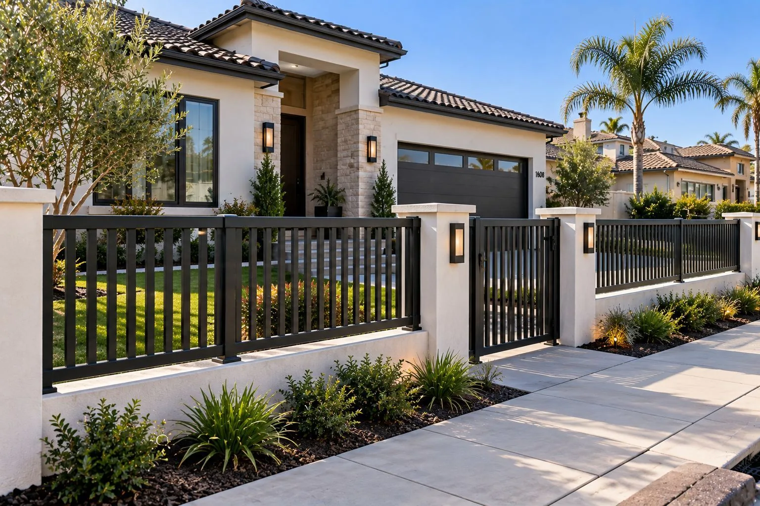 Black front yard fence and walk gate between white stucco pillars with wall lights