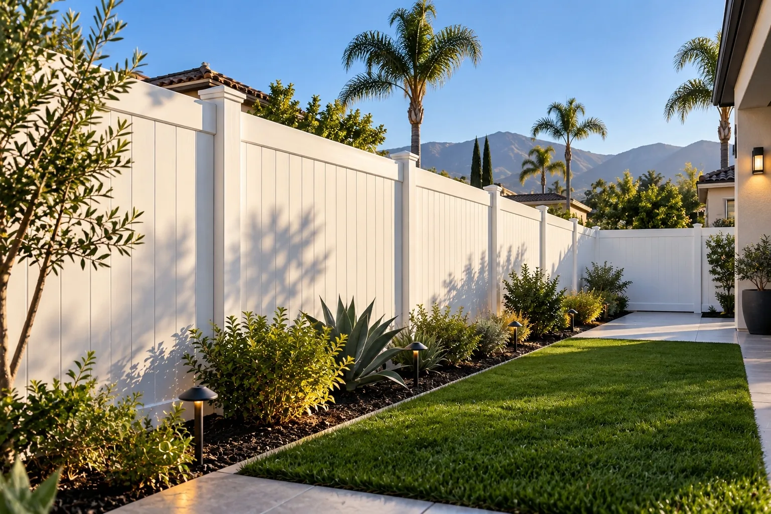 White vinyl privacy fence along a landscaped side yard with a lawn and mountain views